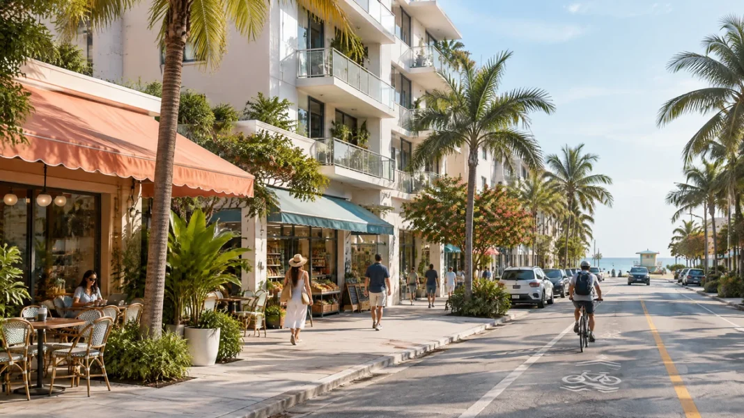 Miami Beach full-time residential lifestyle Conceptual Miami Beach residential street scene with pedestrians, local services and tropical landscaping.