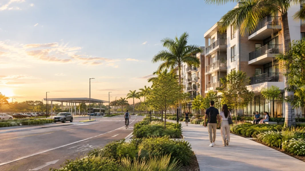 A2 Upland Park Miami-Dade featured Conceptual editorial view of a West Miami-Dade apartment community near a park-and-ride transit hub