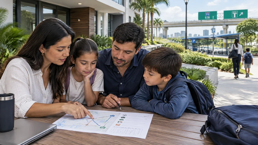 Conceptual illustration of a family comparing work, school and transit routes near a Miami-Dade apartment community.