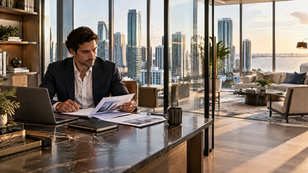Conceptual Miami live-work residence and private office scene for a Brickell real estate analysis