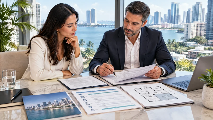 Conceptual editorial view of a Miami entrepreneur reviewing a residence-and-office acquisition