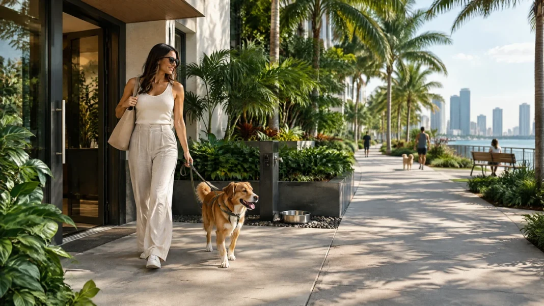 Conceptual dog owner evaluating a Miami home and a shaded walking route for daily pet life.