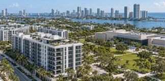 Florida’s Live Local 4.0: What Buyers Should Check as Zoning Rules Change Aerial editorial view of a generic South Florida multifamily building beside institutional land, illustrating parcel-specific real estate review.