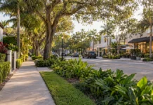 South Miami’s 238-Acre CRA: What Buyers Should Know About the $438M Plan Illustrative South Miami streetscape with homes, small businesses, mature trees, and a planted public-realm verge; not a depiction of a funded CRA project.