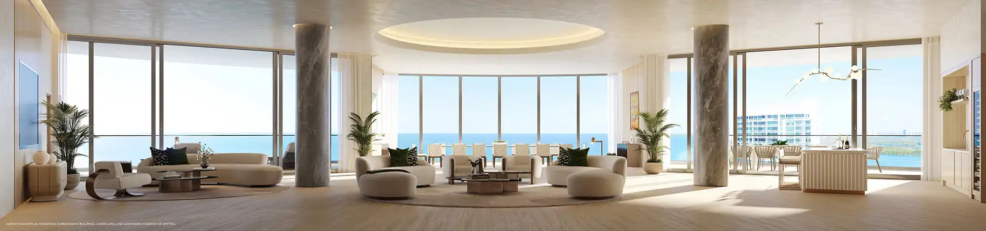 Conceptual rendering of the oceanfront great room at The Longevity Penthouse in Rivage Bal Harbour