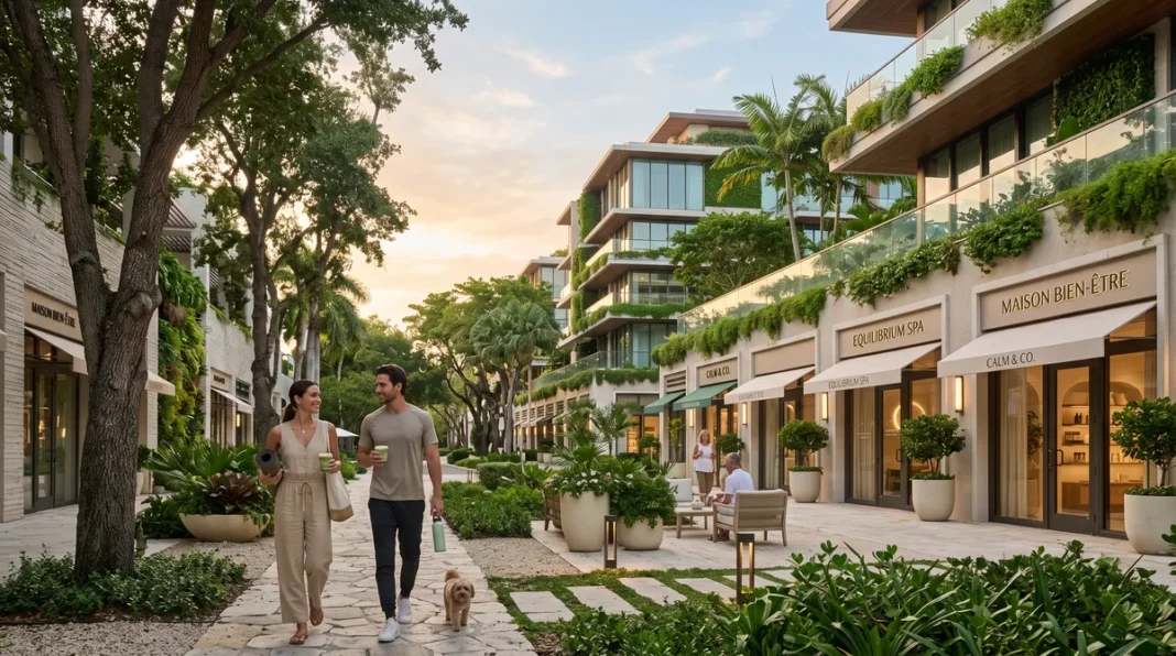 A2 Miami wellness district featured Editorial view of a Miami mixed-use wellness district with contemporary architecture, planted terraces and luxury retail