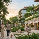 Health and Longevity as a Buying Criterion: Miami’s New Wellness Districts Editorial view of a Miami mixed-use wellness district with contemporary architecture, planted terraces and luxury retail