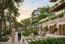 Health and Longevity as a Buying Criterion: Miami’s New Wellness Districts Editorial view of a Miami mixed-use wellness district with contemporary architecture, planted terraces and luxury retail