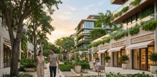 Health and Longevity as a Buying Criterion: Miami’s New Wellness Districts Editorial view of a Miami mixed-use wellness district with contemporary architecture, planted terraces and luxury retail