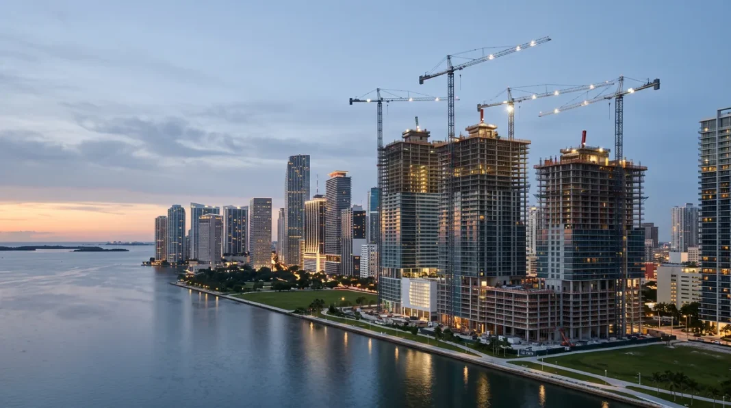 Editorial view of high-rise construction in Brickell, Miami, with tower cranes above the bayfront skyline