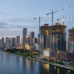 When a Miami Pre-Construction Tower Stalls: How to Underwrite Delivery Risk Before You Sign Editorial view of high-rise construction in Brickell, Miami, with tower cranes above the bayfront skyline