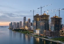 When a Miami Pre-Construction Tower Stalls: How to Underwrite Delivery Risk Before You Sign Editorial view of high-rise construction in Brickell, Miami, with tower cranes above the bayfront skyline