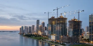 When a Miami Pre-Construction Tower Stalls: How to Underwrite Delivery Risk Before You Sign Editorial view of high-rise construction in Brickell, Miami, with tower cranes above the bayfront skyline