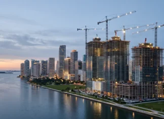 Obra detenida en Brickell: cómo evaluar el riesgo de entrega en la preconstrucción de Miami Editorial view of high-rise construction in Brickell, Miami, with tower cranes above the bayfront skyline