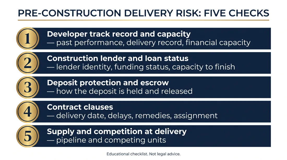 Checklist comparing delay, financial stress, and formal default in Miami pre-construction