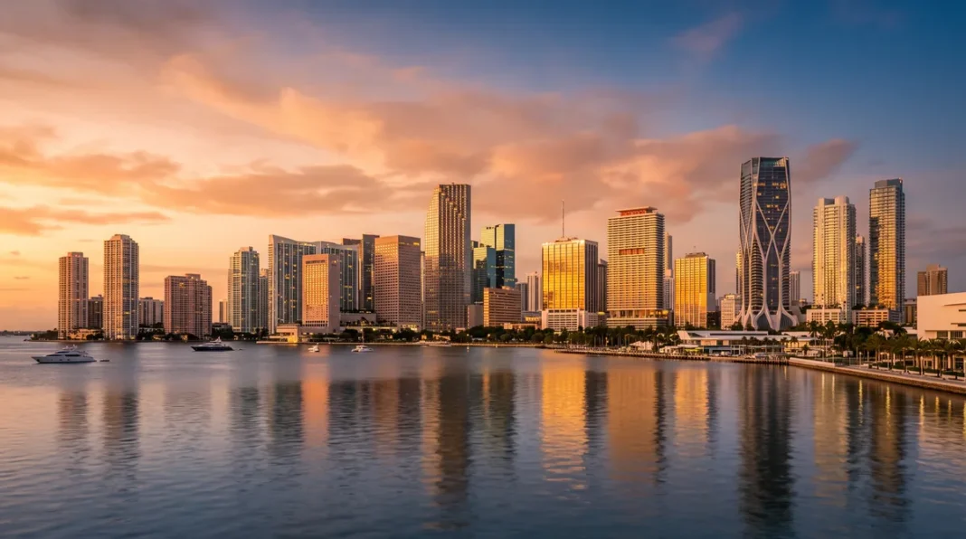 Editorial view of the Miami skyline with residential towers and the urban core, illustrating the city's two-speed housing market
