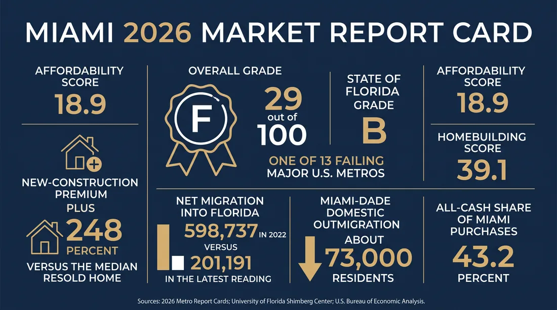 English infographic summarizing Miami housing market 2026 report card metrics