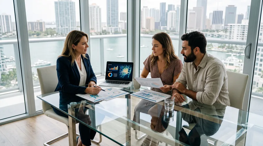 Conceptual illustration showing cash buyers and financed buyers competing in Miami
