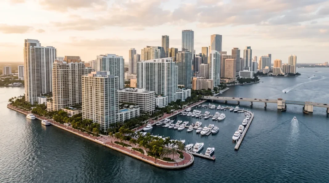 A2 Brickell Key waterfront island enclave featured Conceptual editorial view of Brickell Key, the waterfront island enclave beside Brickell and downtown Miami, with no specific building represented