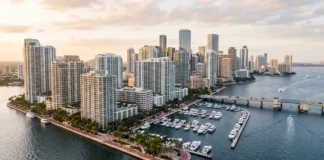 Mandarin Oriental Brickell Key: What $1.7 Billion in Sales Before Groundbreaking Tells You Conceptual editorial view of Brickell Key, the waterfront island enclave beside Brickell and downtown Miami, with no specific building represented