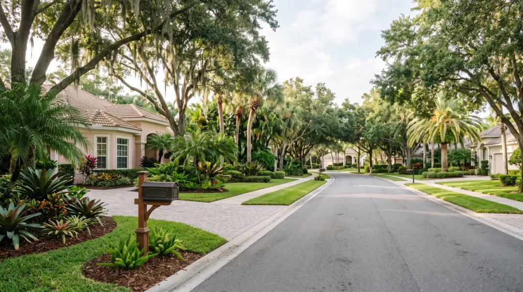 Editorial view of a Florida residential neighborhood with single-family homes, mature trees and tropical landscaping