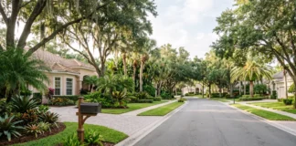 Florida Amendment 3: The Residency Clock That Changes Your Property Tax Editorial view of a Florida residential neighborhood with single-family homes, mature trees and tropical landscaping