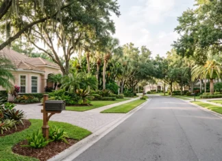 Florida Amendment 3: The Residency Clock That Changes Your Property Tax Editorial view of a Florida residential neighborhood with single-family homes, mature trees and tropical landscaping